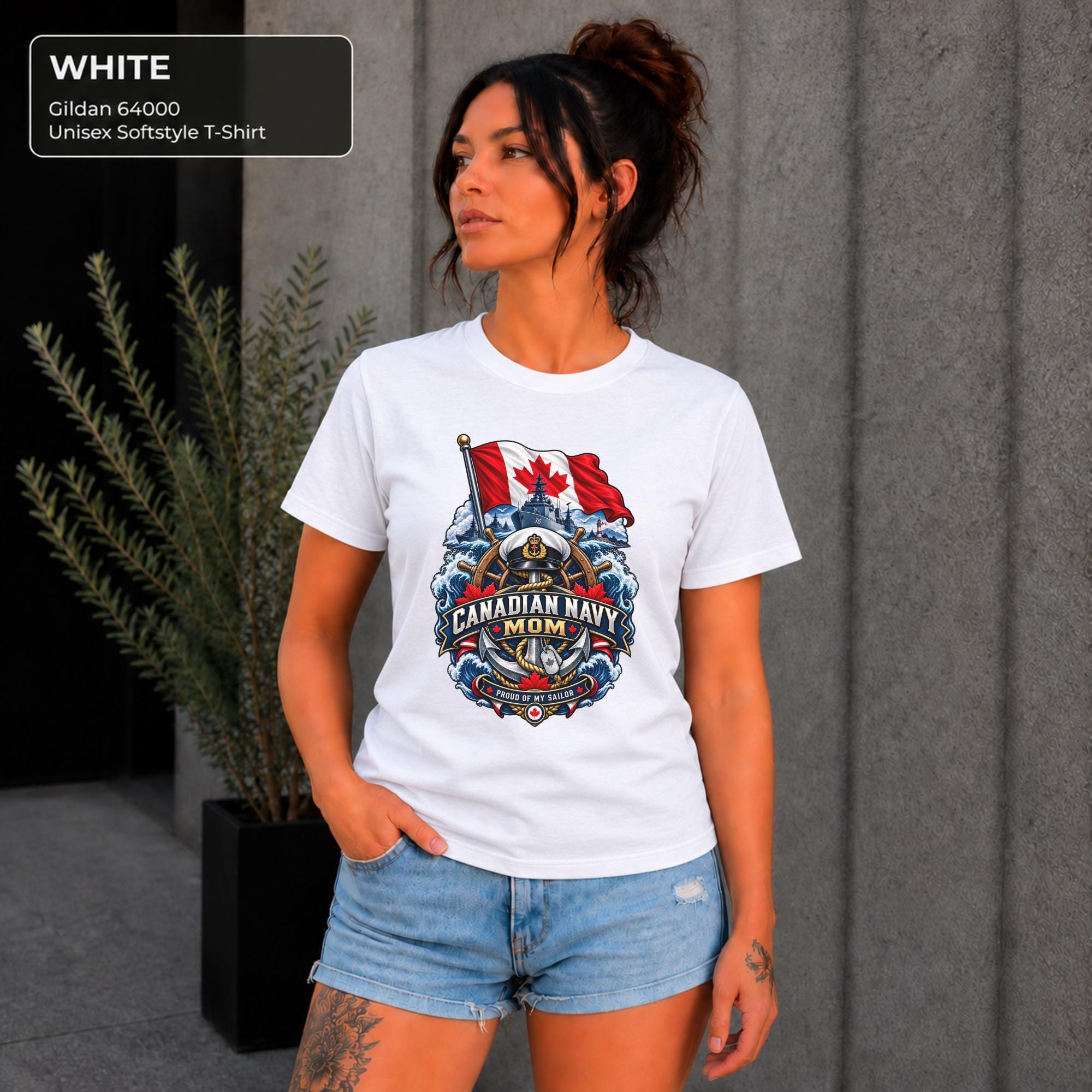 Canadian Navy Mom white Gildan 64000 T-shirt with Canadian flag, naval ship, anchor, ocean waves, and Proud of My Sailor graphic.