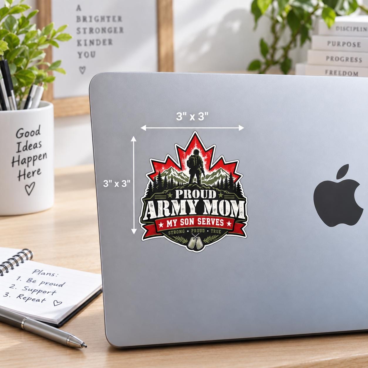 3x3 Laptop Mockup: Proud Army Mom “My Son Serves” UV DTF decal shown on a silver laptop with red maple leaf, mountain, evergreen, soldier silhouette, and size measurement arrows.