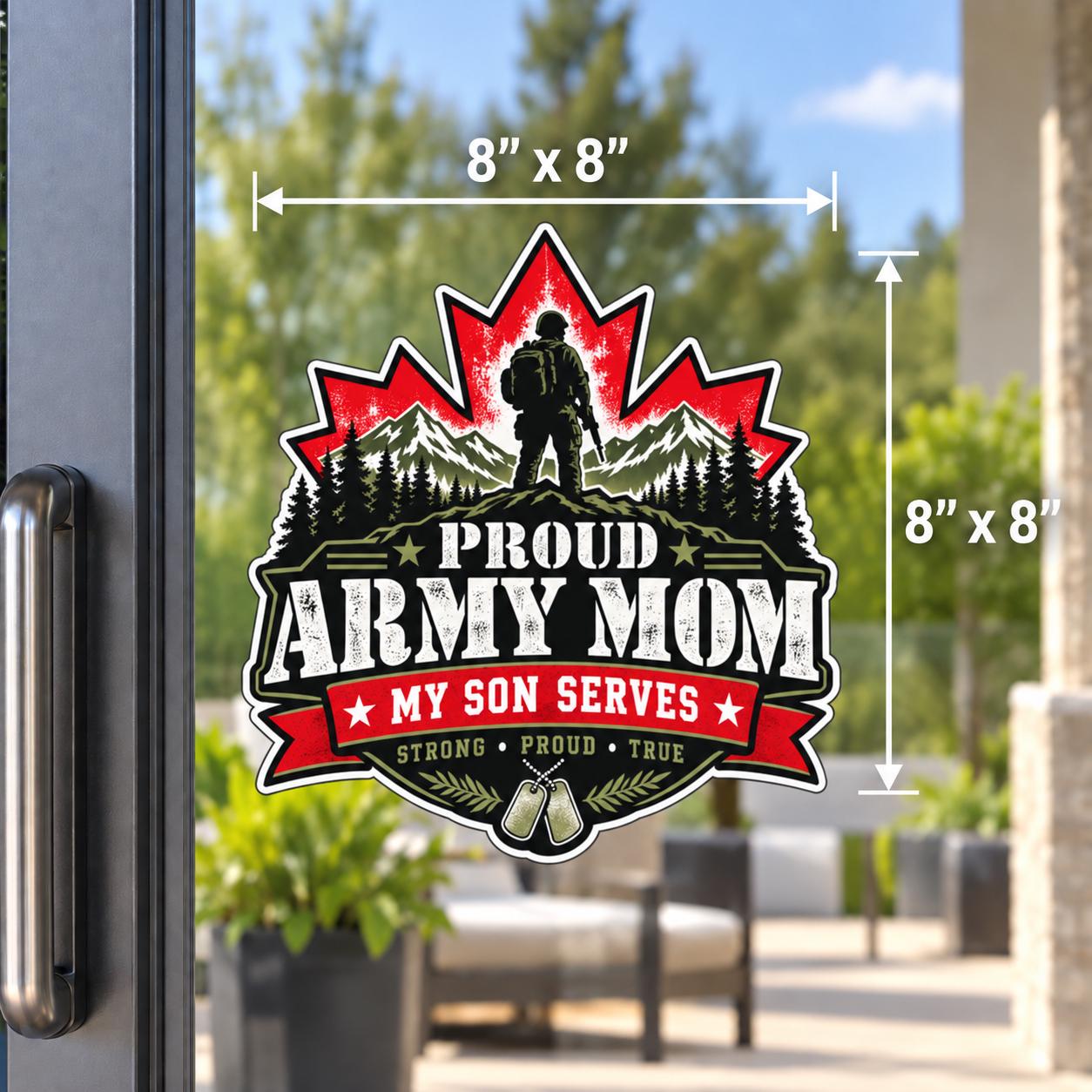 8x8 Glass Door Mockup: Large 8x8 Proud Army Mom UV DTF decal applied to a glass door with bold Canadian maple leaf, soldier silhouette, mountain scenery, and military-inspired typography.