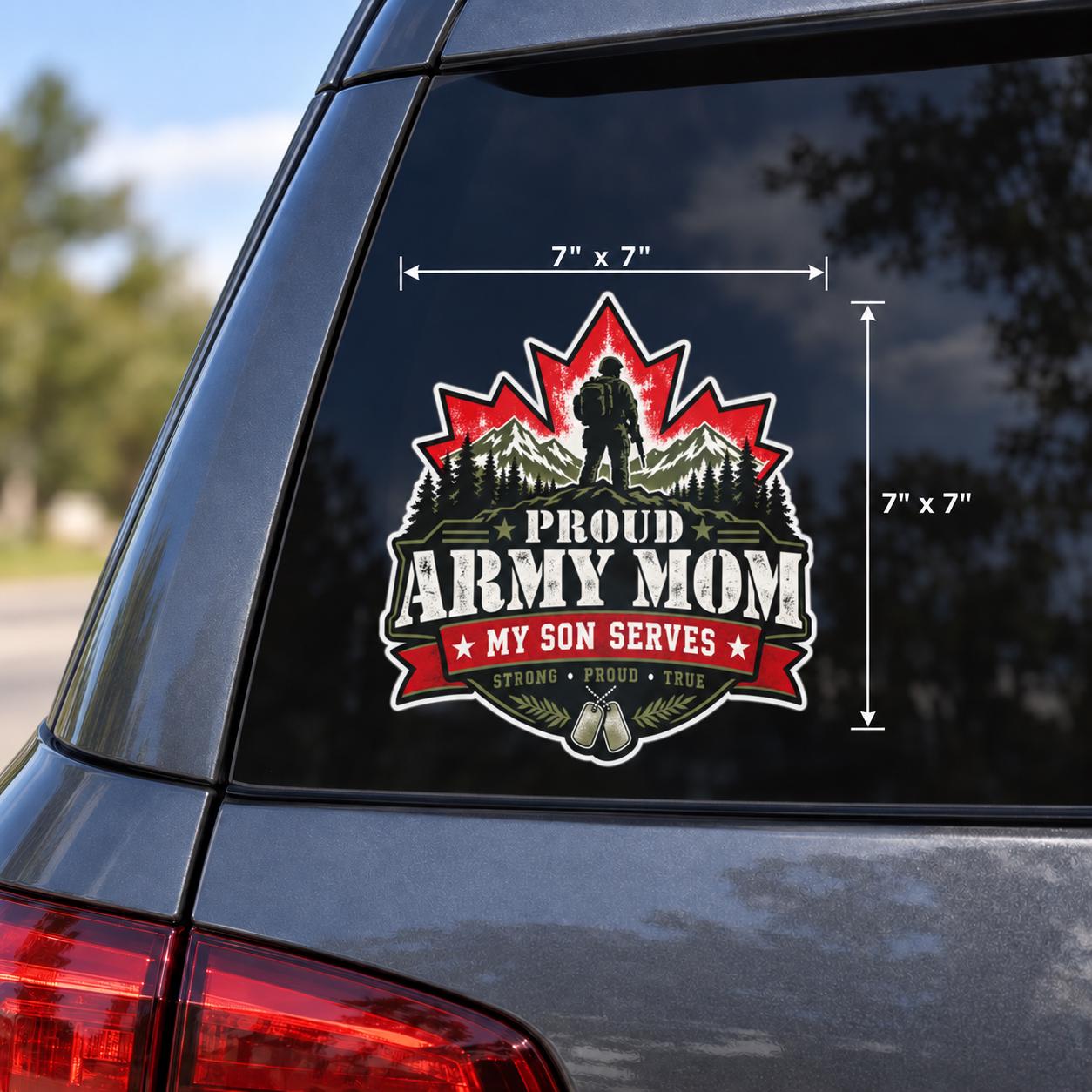 7x7 SUV Window Mockup: 7x7 Proud Army Mom Canadian military sticker shown on an SUV window with measurement guides, maple leaf, mountain landscape, and “My Son Serves” banner.
