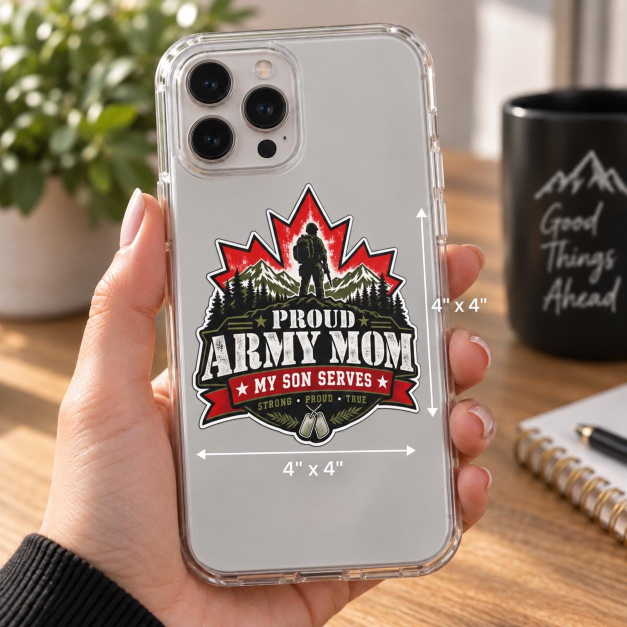 4x4 Phone Case Mockup: 4x4 Proud Army Mom Canadian military decal displayed on a clear phone case with maple leaf, soldier, mountain scenery, dog tags, and “Strong Proud True” text.