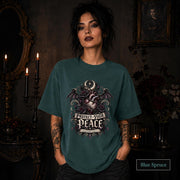 Protect Your Peace gothic blue spruce T-shirt featuring an anatomical heart, dark roses, bat wings, crescent moon, and mental health matters artwork.