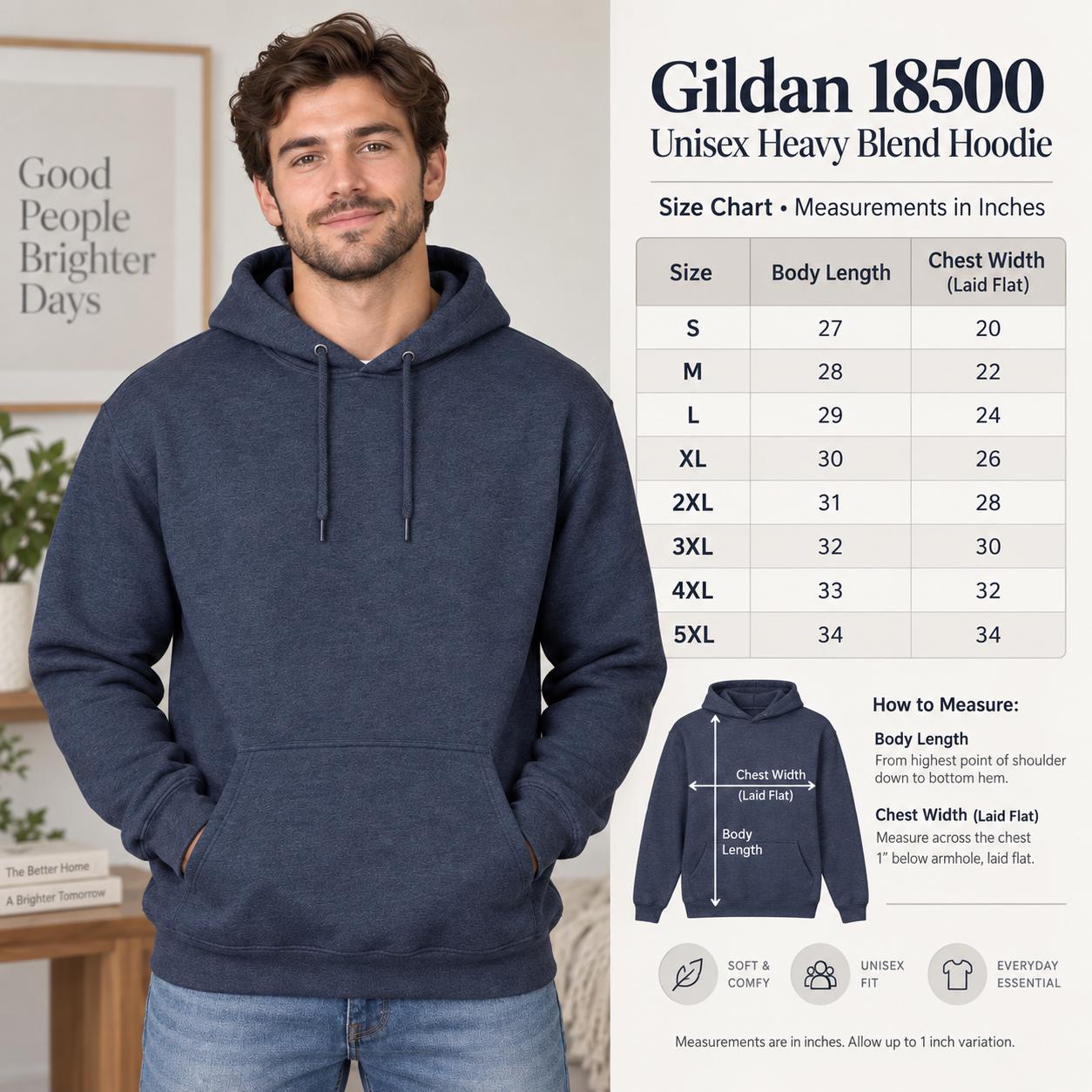 Size chart with a Male model wearing a Gildan 18500 hoodie with a clean white Unbothered graphic and the phrase Currently Unavailable for Chaos, styled for a minimalist neutral aesthetic.