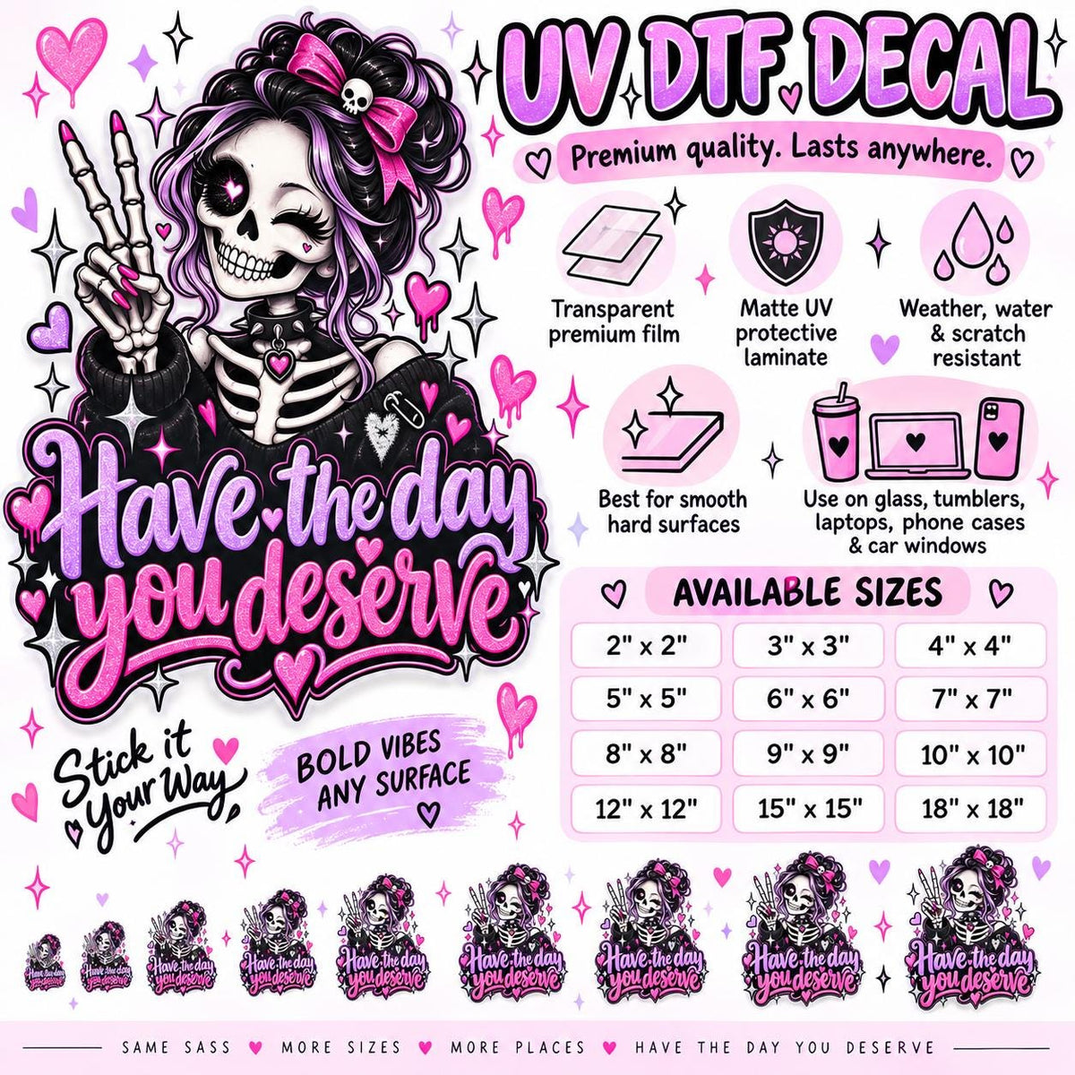 Product information graphic for Have the Day You Deserve UV DTF decal showing available sizes, product features, smooth-surface uses, and pastel goth skeleton artwork.