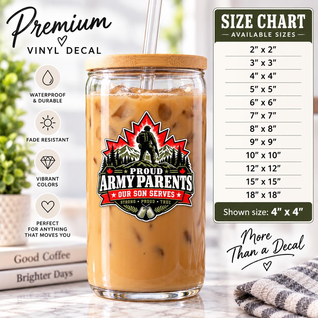 Proud Army Parents decal shown on a clear iced coffee tumbler with red maple leaf, military silhouette, mountains, dog tags, and size chart.