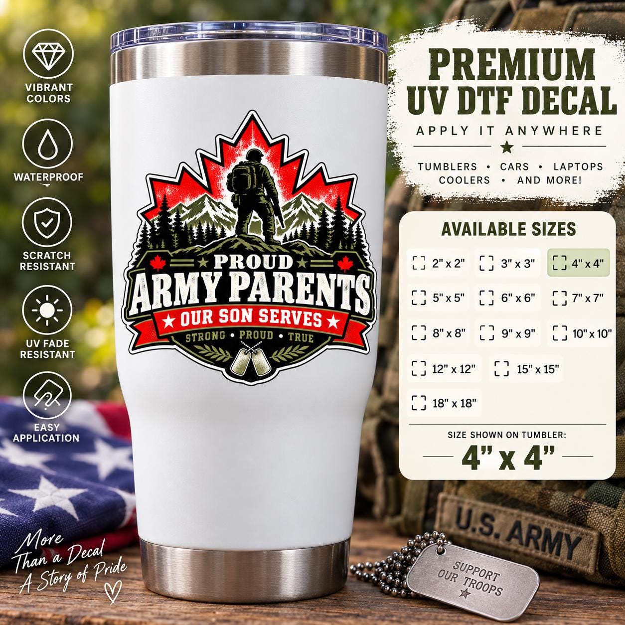 Proud Army Parents UV DTF decal displayed on a stainless steel travel tumbler with Canadian-inspired military artwork and 4 by 4 inch size example.