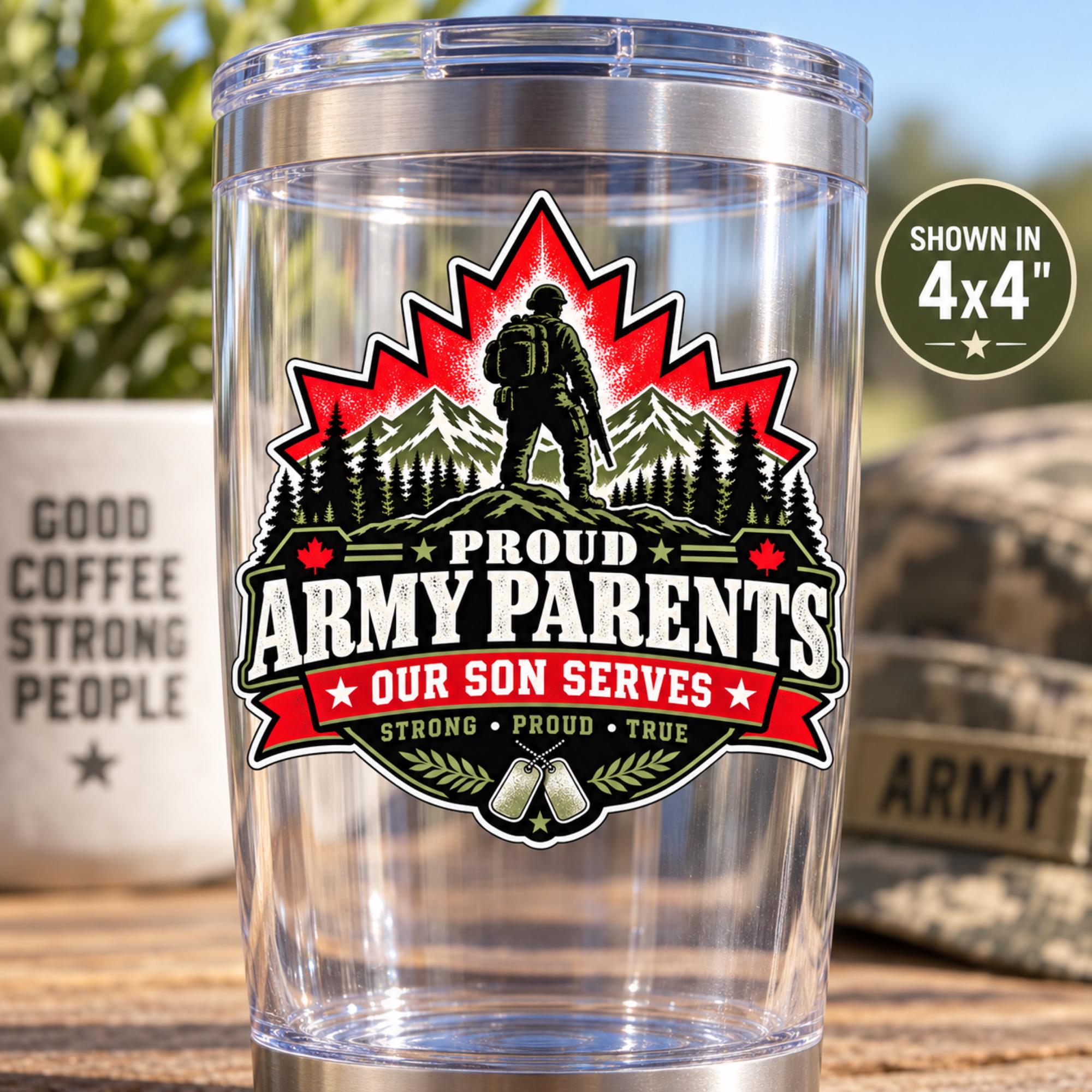 Proud Army Parents decal shown on a clear glass tumbler with military family artwork, red maple leaf, and UV DTF product information.