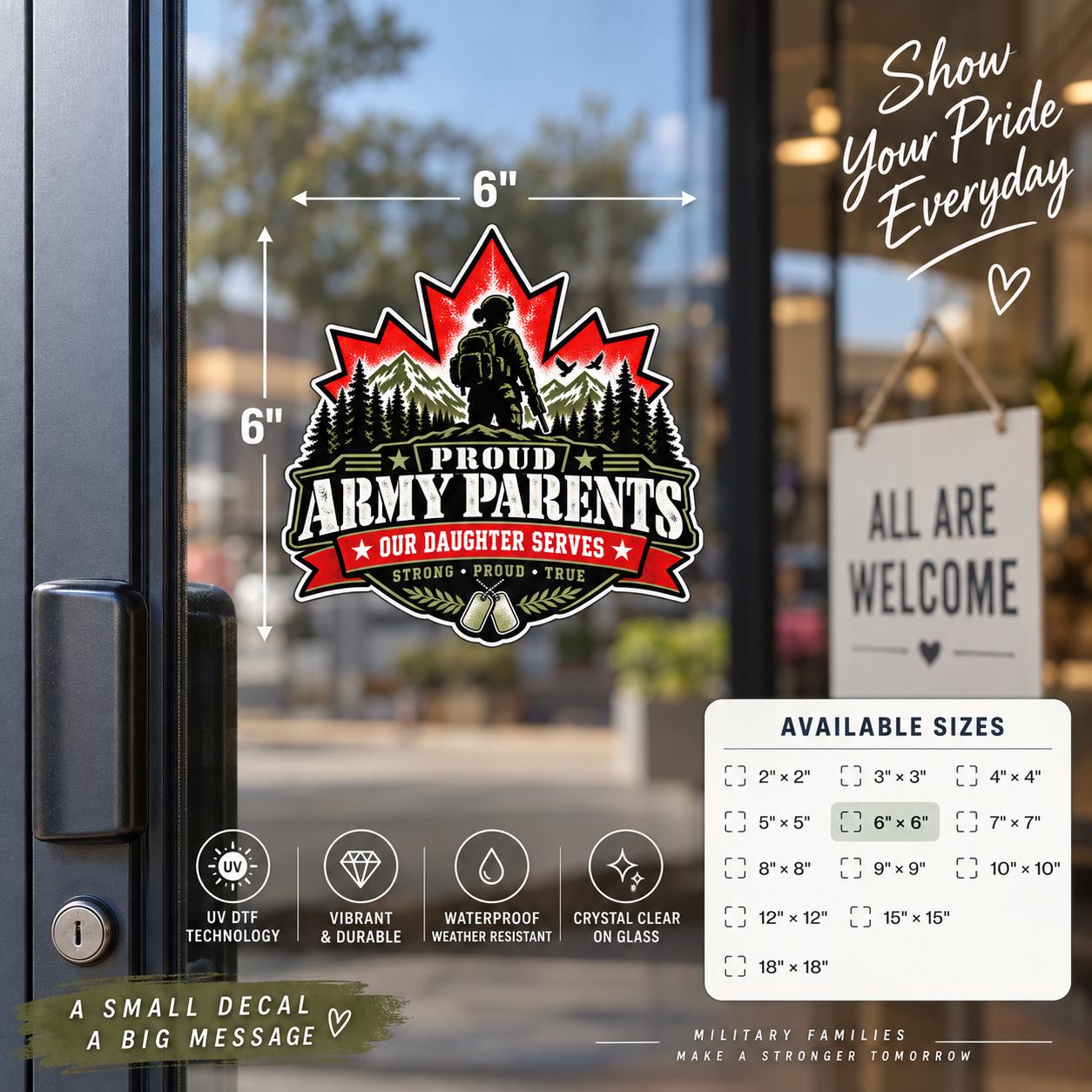 Proud Army Parents UV DTF decal displayed on a store front  door window with red maple leaf, mountain scenery, soldier silhouette, and available size information.