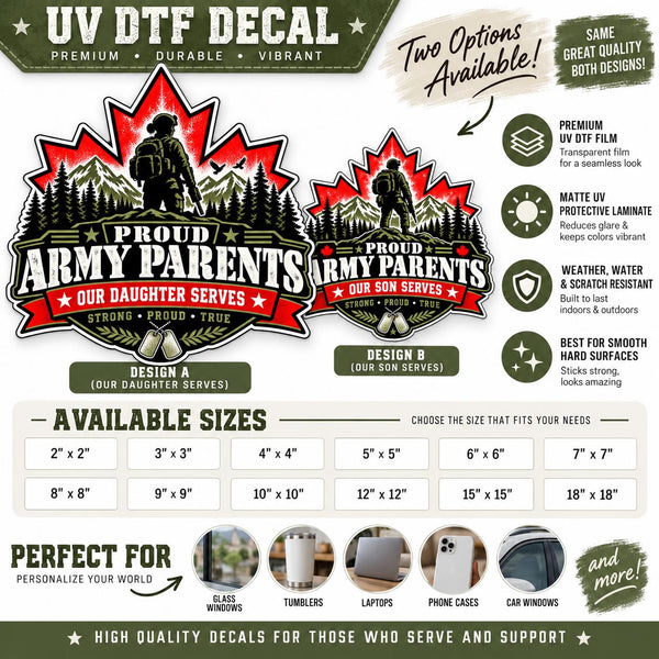 Product information graphic for Proud Army Parents UV DTF decals showing available sizes, smooth surface uses, premium film features, and military family artwork.
