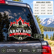 Proud Army Dad My Son Serves UV DTF decal shown on a vehicle window with red maple leaf, mountain scenery, soldier silhouette, and dog tags.
