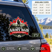 Proud Army Dad My Daughter Serves UV DTF decal shown on a vehicle window with red maple leaf, mountain scenery, soldier silhouette, and dog tags.