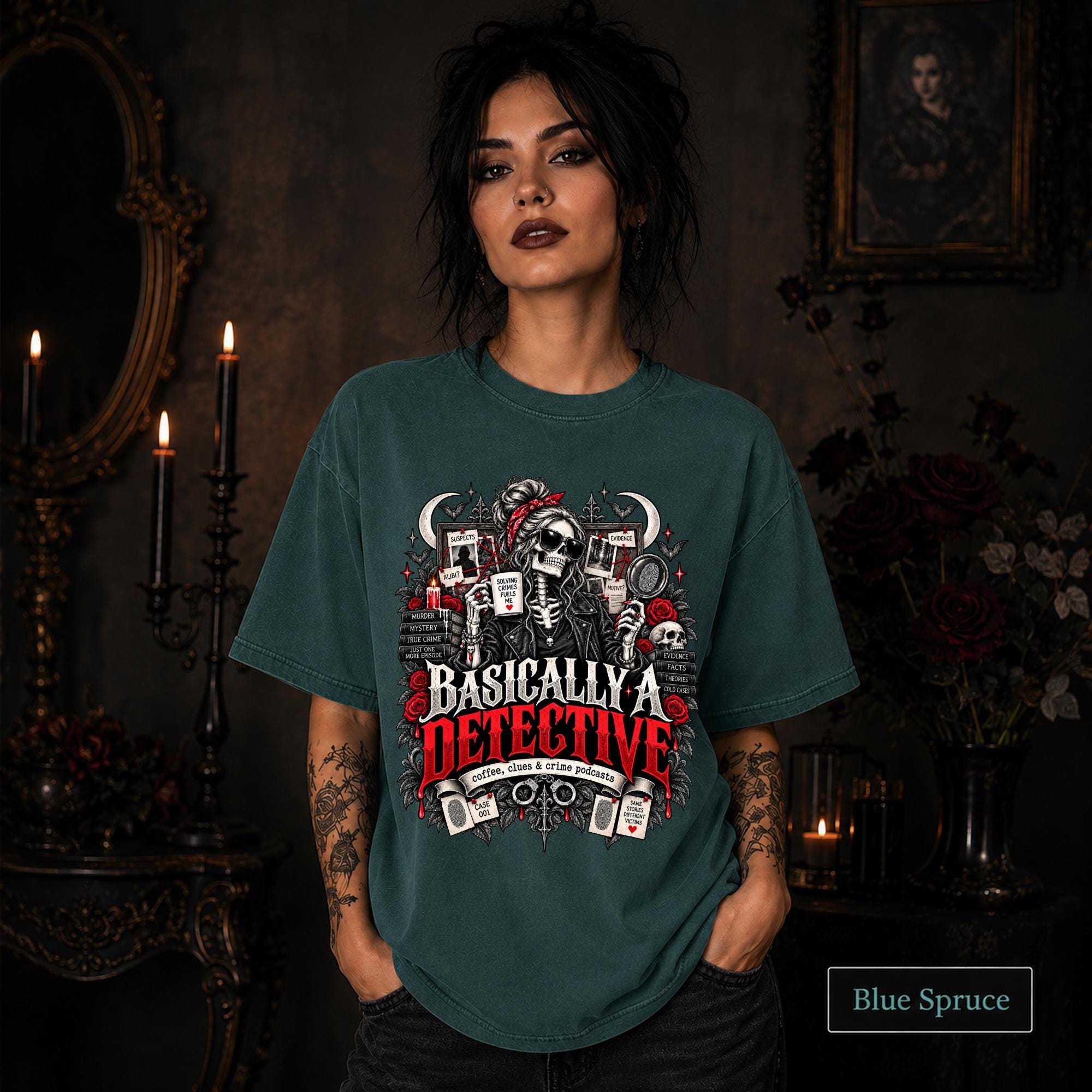 Basically a Detective blue spruce graphic T-shirt featuring a skeleton investigator, evidence board, magnifying glass, red roses, case files, and true crime artwork.