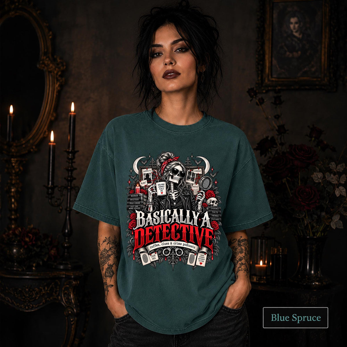 Basically a Detective blue spruce graphic T-shirt featuring a skeleton investigator, evidence board, magnifying glass, red roses, case files, and true crime artwork.