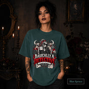 Basically a Detective blue spruce graphic T-shirt featuring a skeleton investigator, evidence board, magnifying glass, red roses, case files, and true crime artwork.