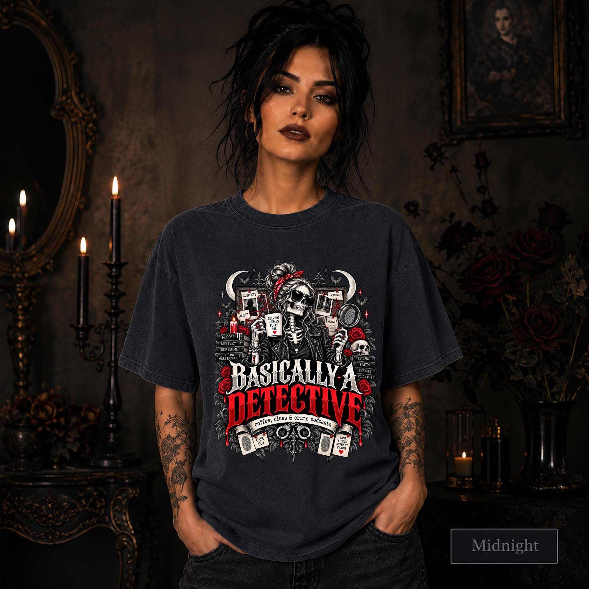 Basically a Detective midnight graphic T-shirt featuring a skeleton investigator, evidence board, magnifying glass, red roses, case files, and true crime artwork.