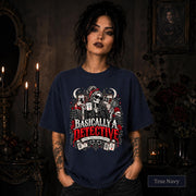 Basically a Detective true navy graphic T-shirt featuring a skeleton investigator, evidence board, magnifying glass, red roses, case files, and true crime artwork.