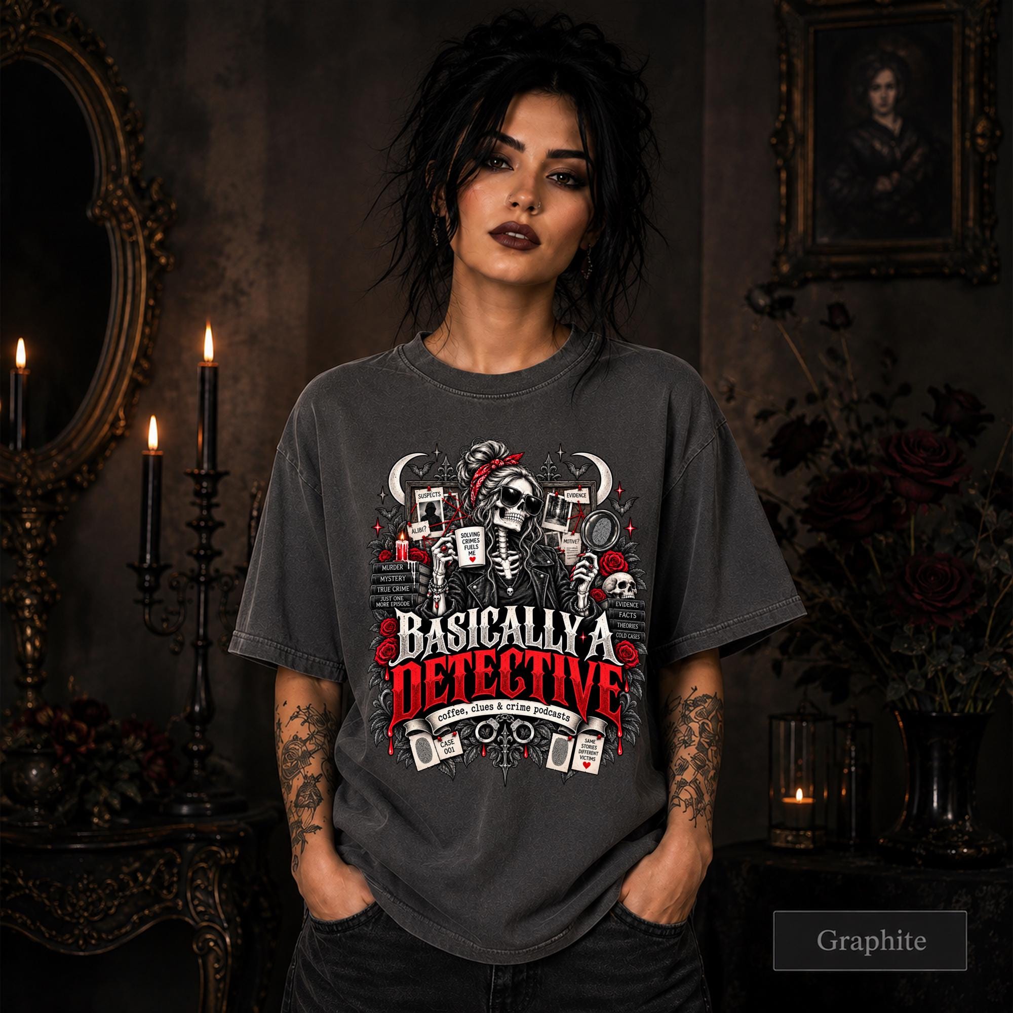 Basically a Detective graphite graphic T-shirt featuring a skeleton investigator, evidence board, magnifying glass, red roses, case files, and true crime artwork.
