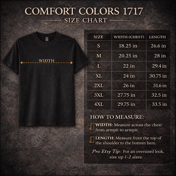 Size chart Hearsay Isn’t Justice Evidence T-shirt featuring red and white gothic lettering, scales of justice, and a judge’s gavel.