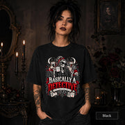 Basically a Detective black graphic T-shirt featuring a skeleton investigator, evidence board, magnifying glass, red roses, case files, and true crime artwork.