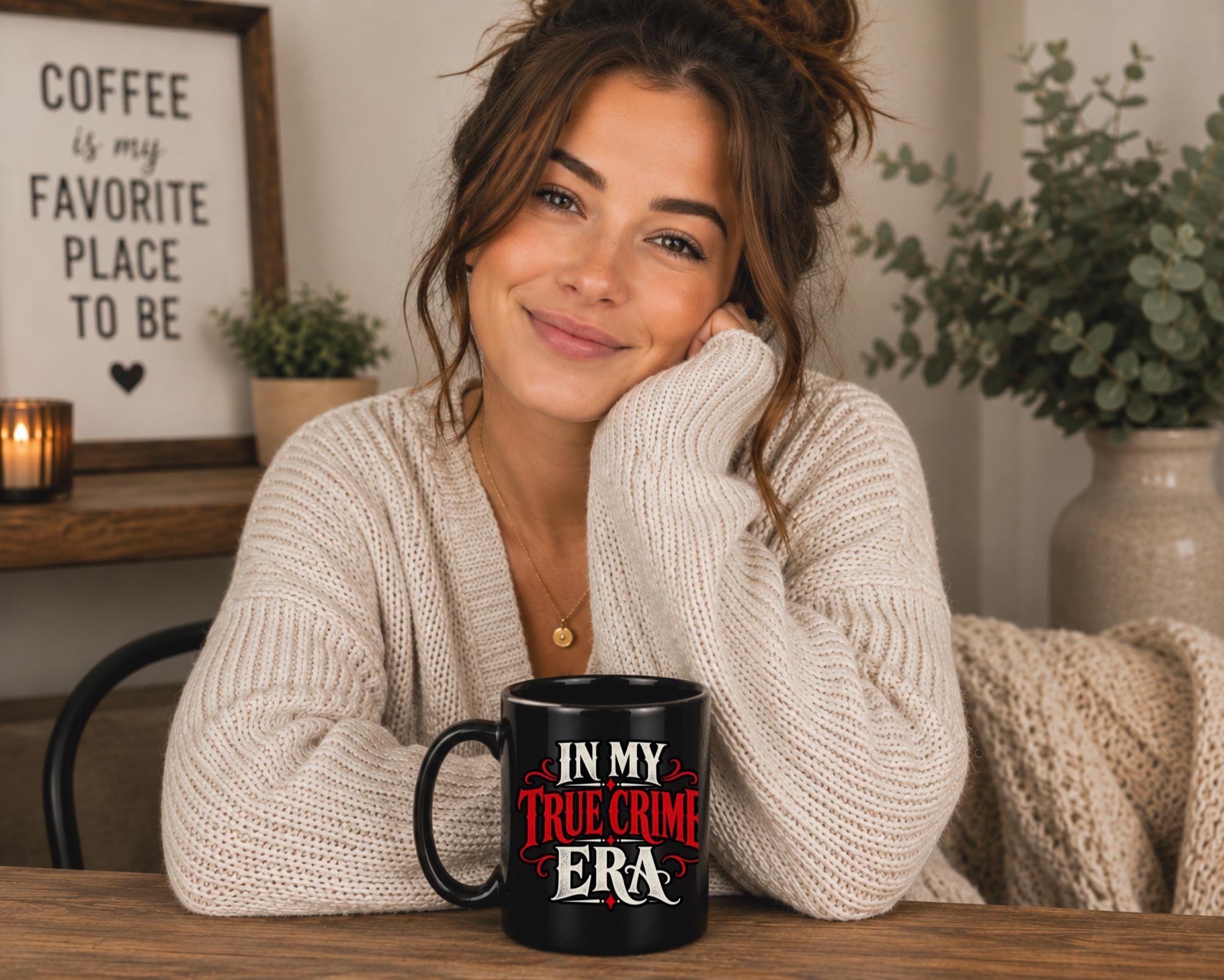 Black In My True Crime Era mugs in 11 oz and 15 oz sizes featuring bold red and cream gothic lettering on ceramic coffee cups.