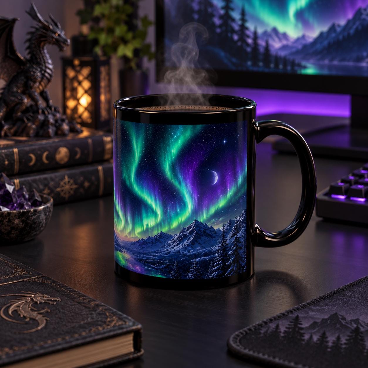 Aurora dragon black ceramic mug in 11 oz and 15 oz sizes featuring a fantasy dragon, northern lights, moon, mountains, and vivid night sky artwork.
