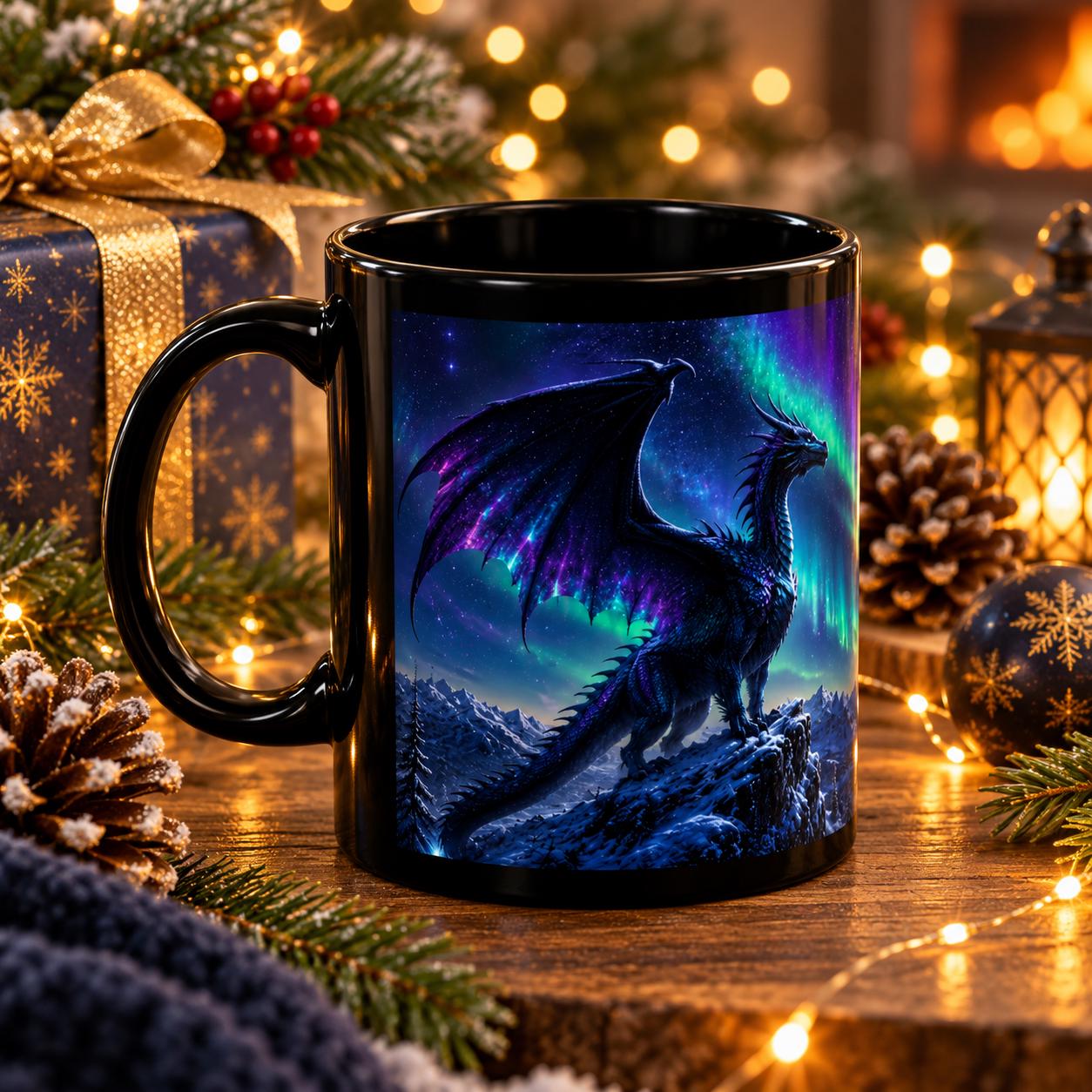 Aurora dragon black ceramic mug in 11 oz and 15 oz sizes featuring a fantasy dragon, northern lights, moon, mountains, and vivid night sky artwork.
