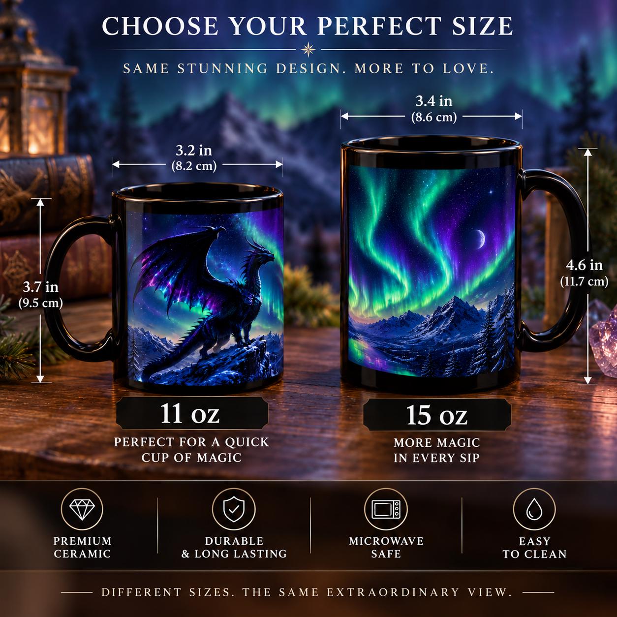 Aurora dragon black ceramic mug in 11 oz and 15 oz sizes featuring a fantasy dragon, northern lights, moon, mountains, and vivid night sky artwork.