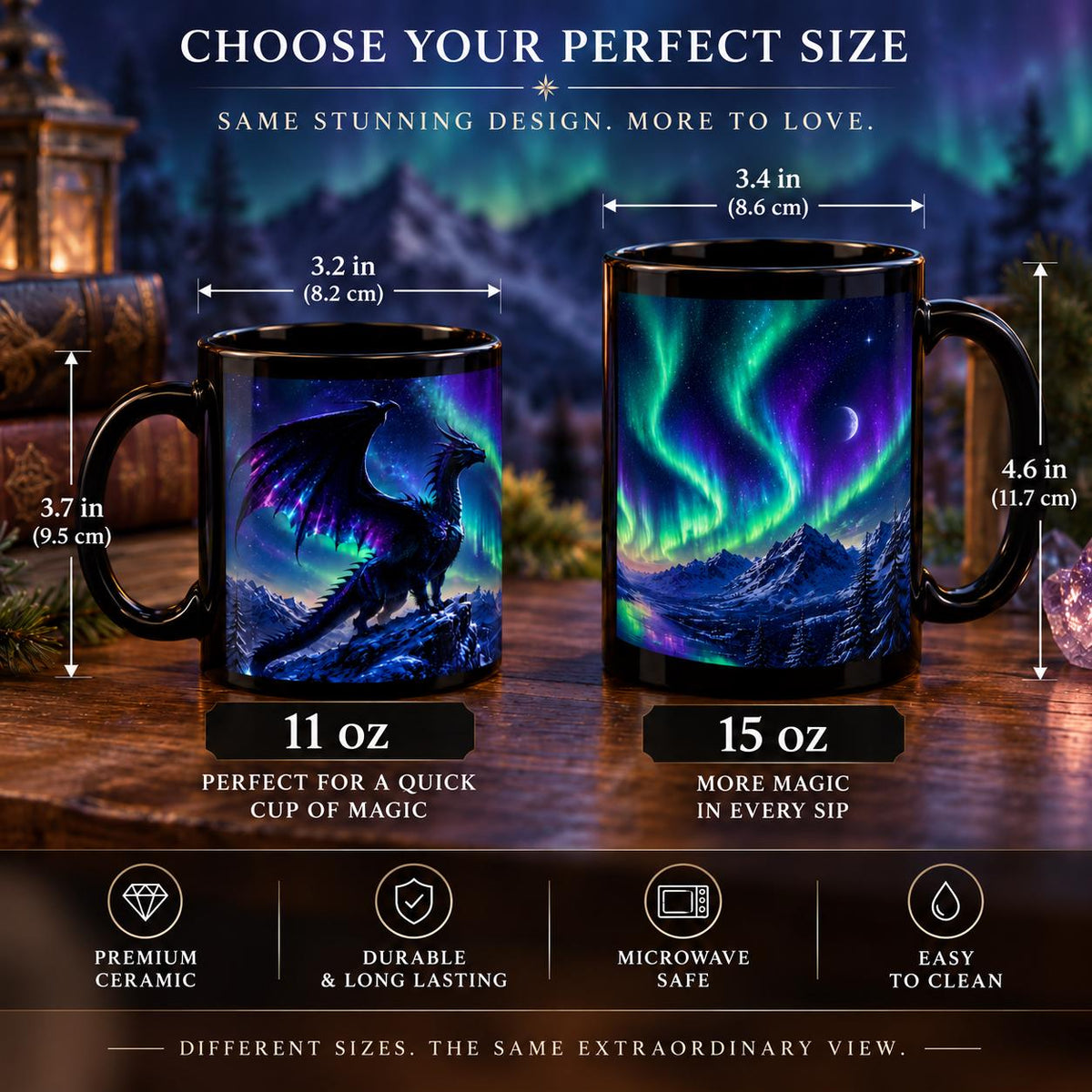 Aurora dragon black ceramic mug in 11 oz and 15 oz sizes featuring a fantasy dragon, northern lights, moon, mountains, and vivid night sky artwork.