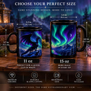 Aurora dragon black ceramic mug in 11 oz and 15 oz sizes featuring a fantasy dragon, northern lights, moon, mountains, and vivid night sky artwork.