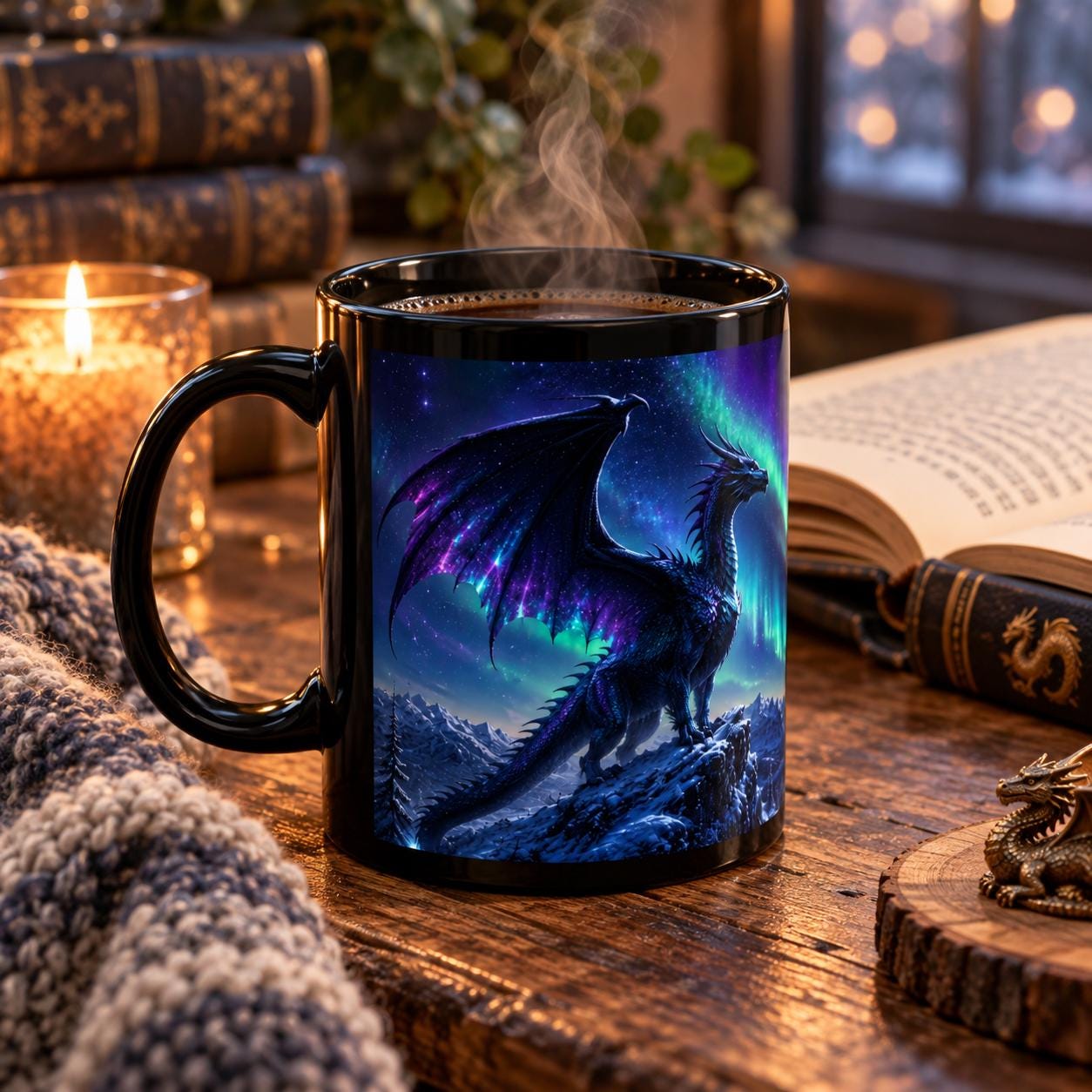 Aurora dragon black ceramic mug in 11 oz and 15 oz sizes featuring a fantasy dragon, northern lights, moon, mountains, and vivid night sky artwork.