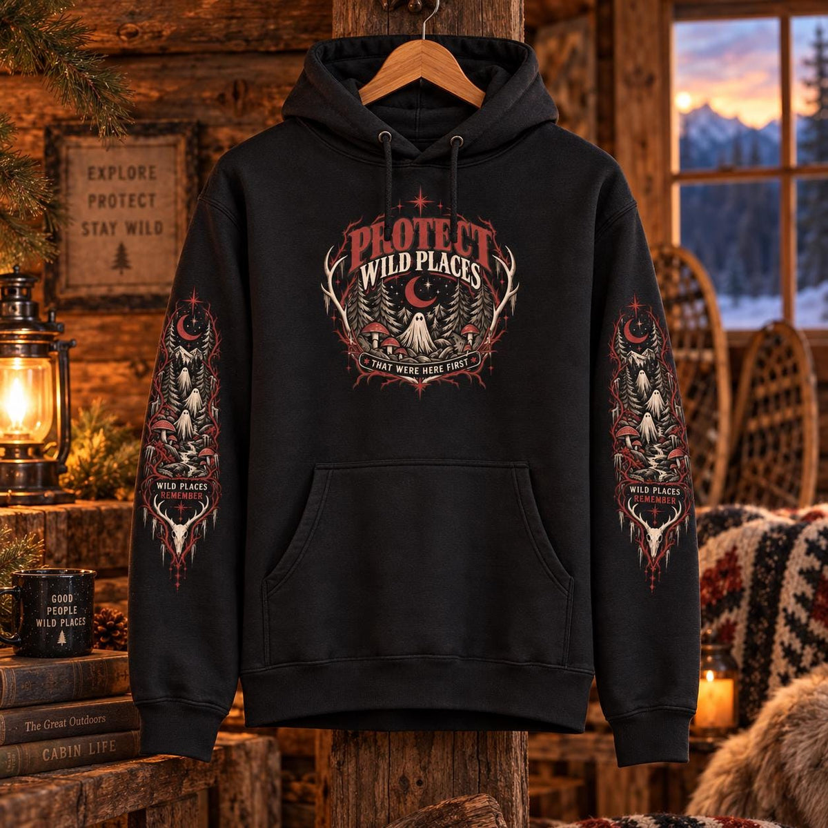 Black Protect Wild Places hoodie hanging in a cozy rustic cabin, featuring the front gothic forest design and matching sleeve artwork.