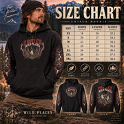 Protect Wild Places unisex hoodie size chart showing sizes XS through 3XL, model wearing the hoodie, front and back design views, and garment measurements.