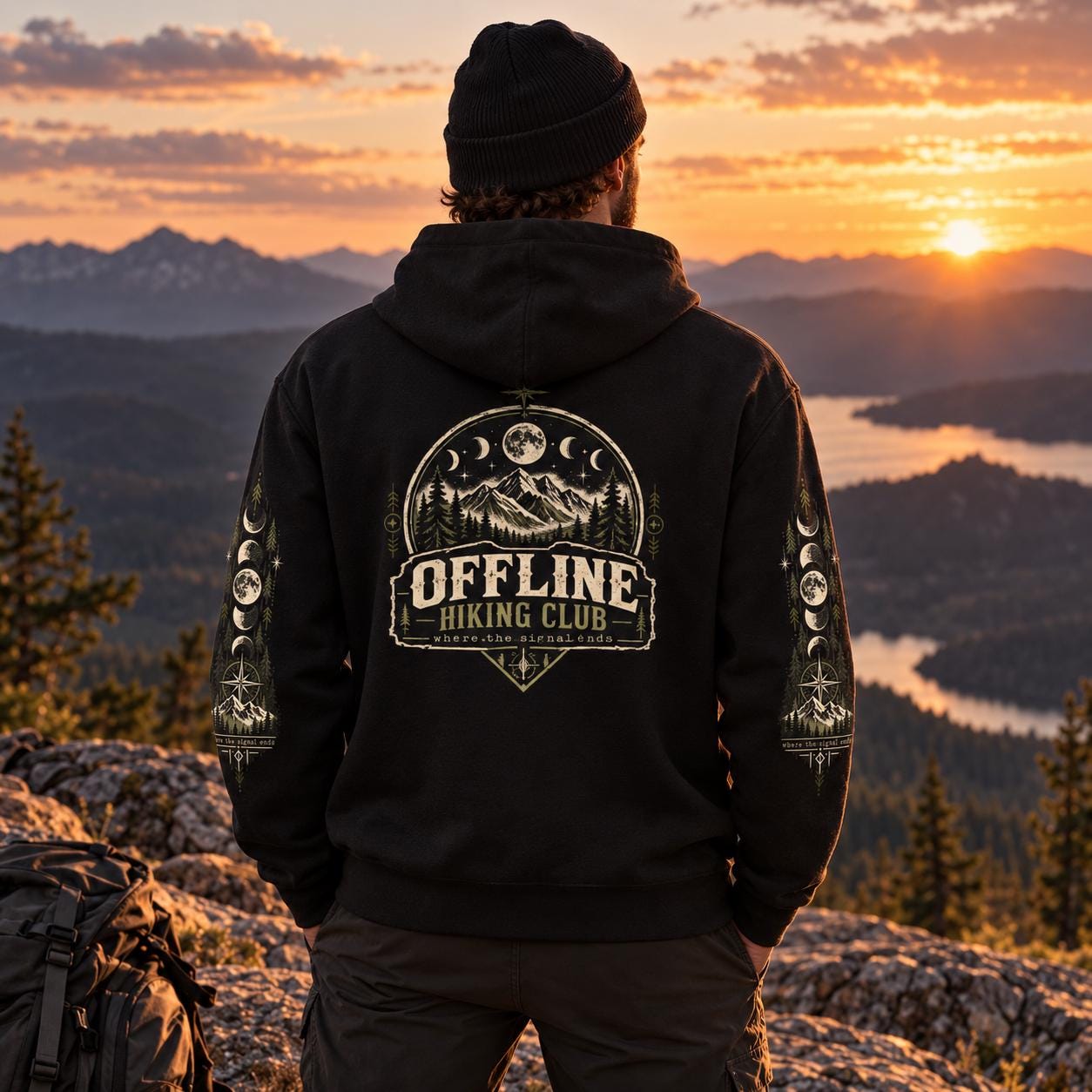 Black Offline Hiking Club hoodie shown from the back outdoors at golden hour, featuring the large mountain and moon graphic with matching sleeve artwork.