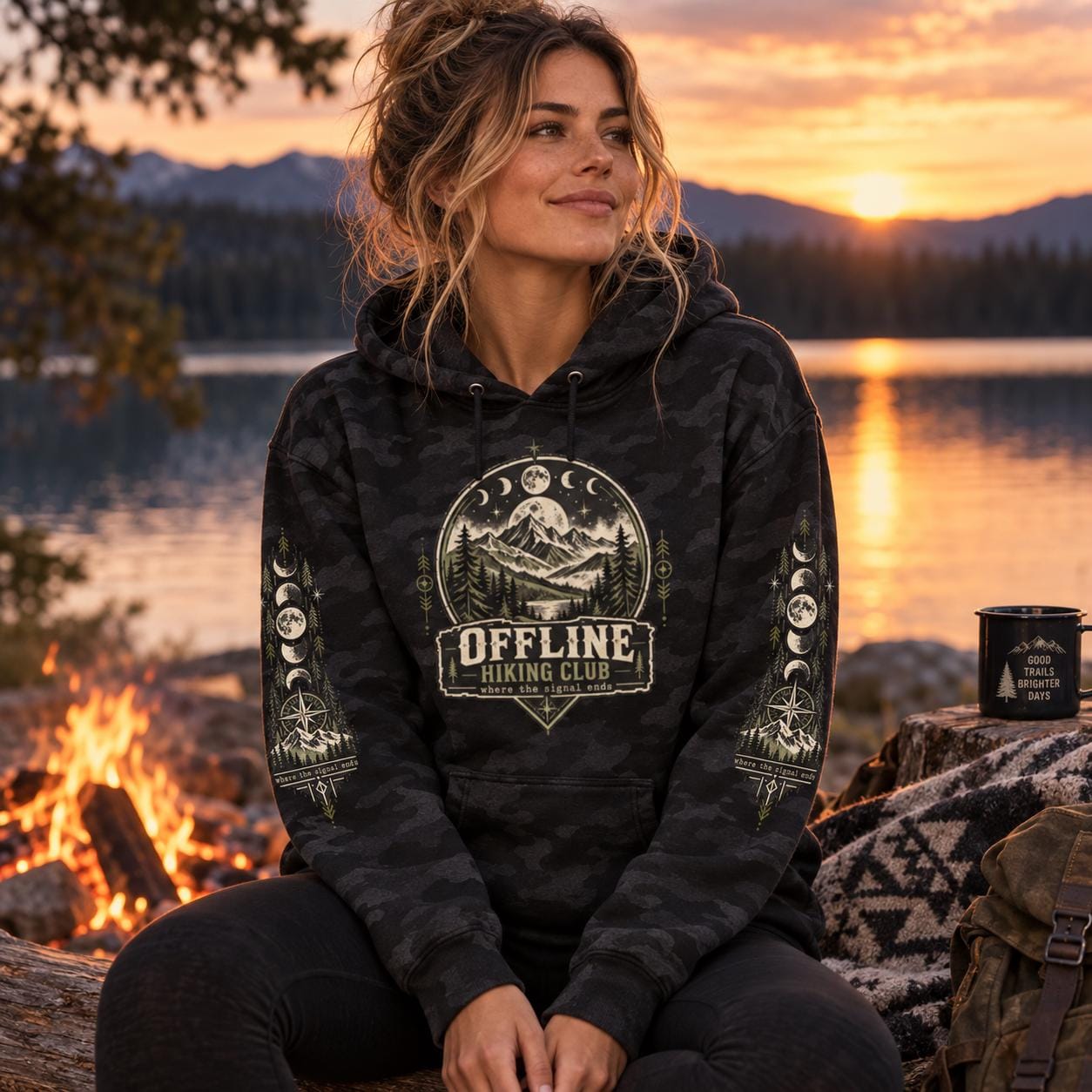 Woman wearing a black camo Offline Hiking Club heavyweight hoodie by a lakeside campfire at sunset, featuring a mountain and moon graphic on the chest with matching sleeve artwork.