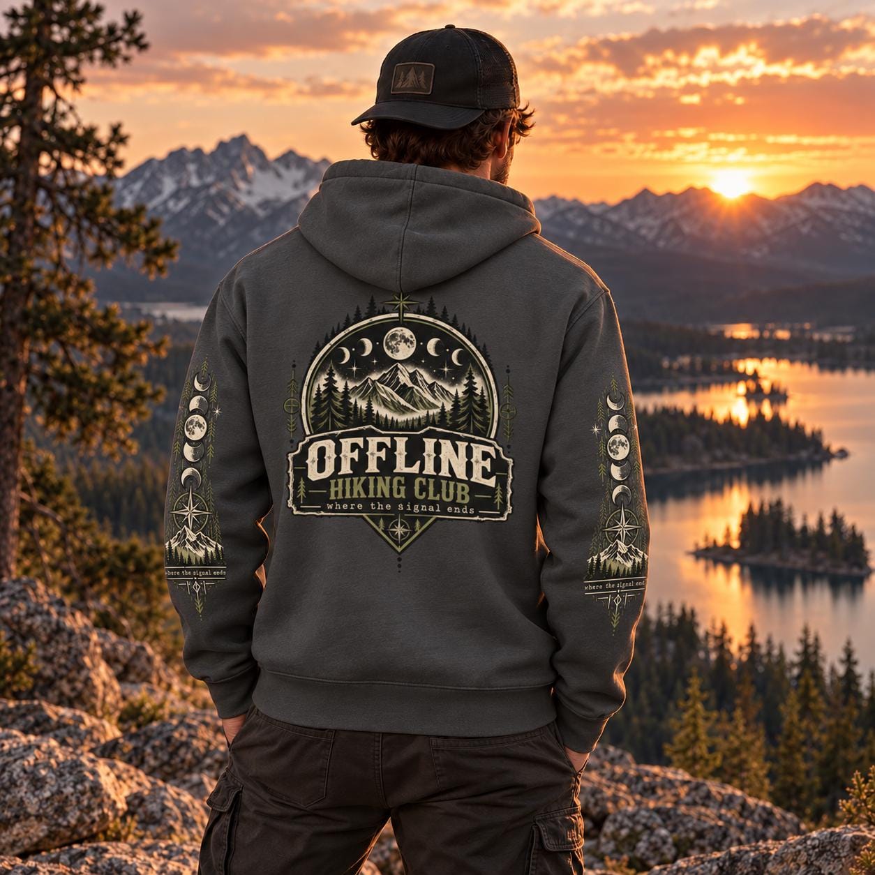 Back view of a man wearing a charcoal Offline Hiking Club hoodie at sunset in the mountains, showing the large back graphic and matching sleeve designs.