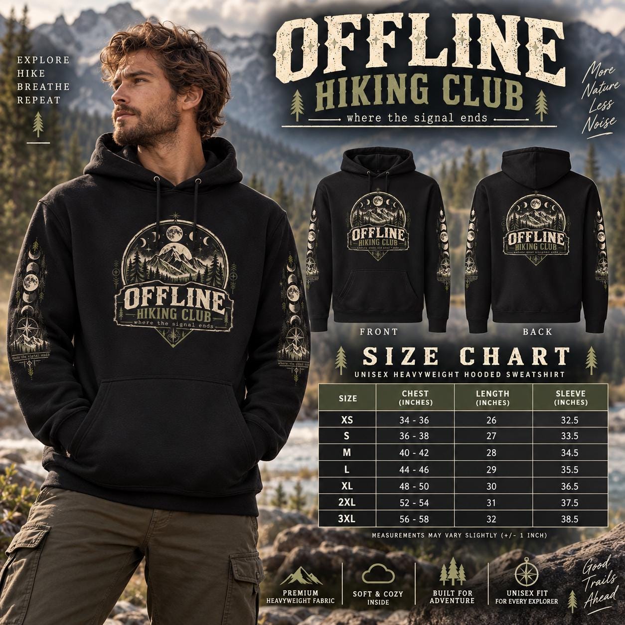Offline Hiking Club size chart mockup showing unisex heavyweight hoodie sizes XS through 3XL with front and back views and outdoor-themed graphics.