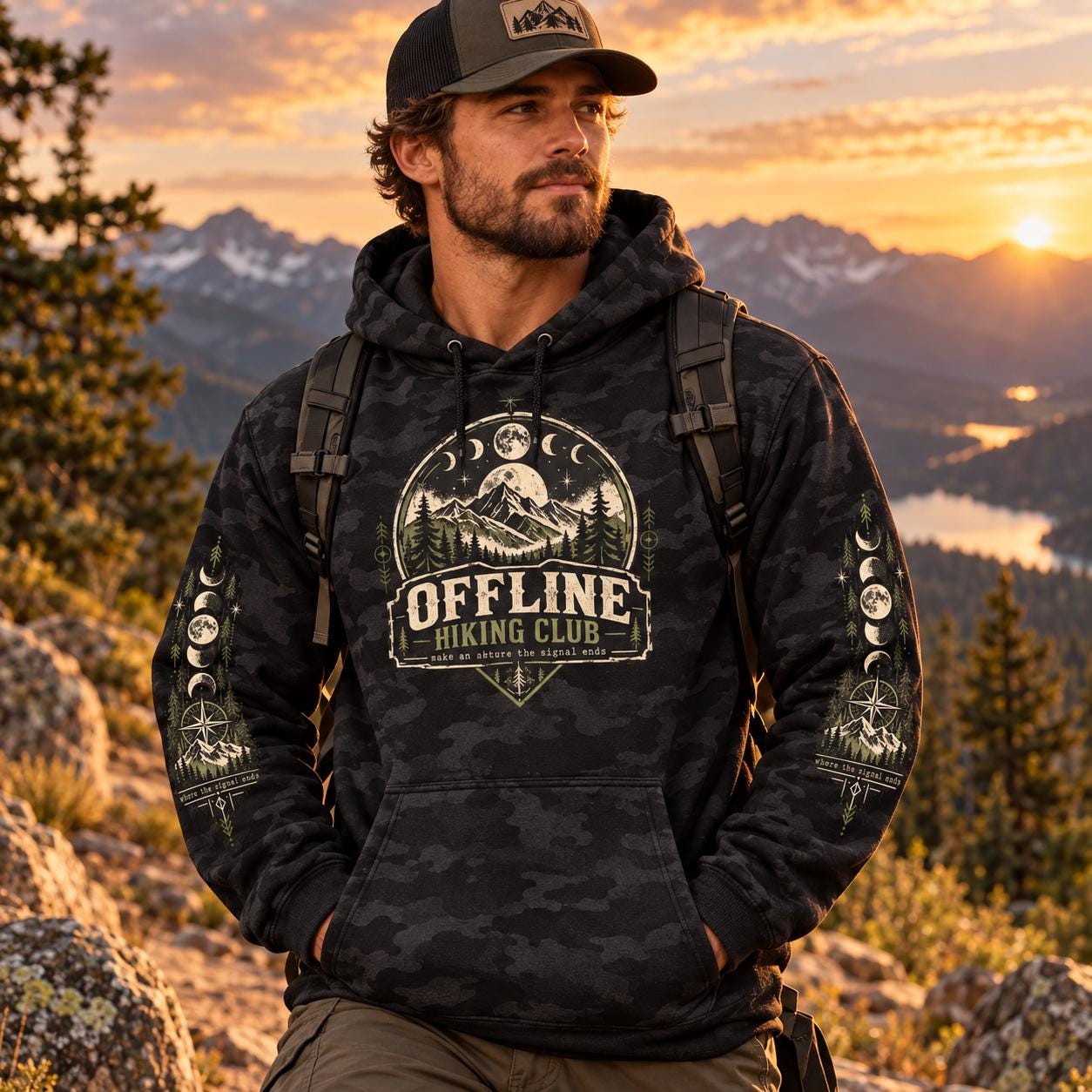 Man wearing a black camo Offline Hiking Club hoodie on a mountain overlook at golden hour, showing the front mountain design and moon phase sleeve graphics.