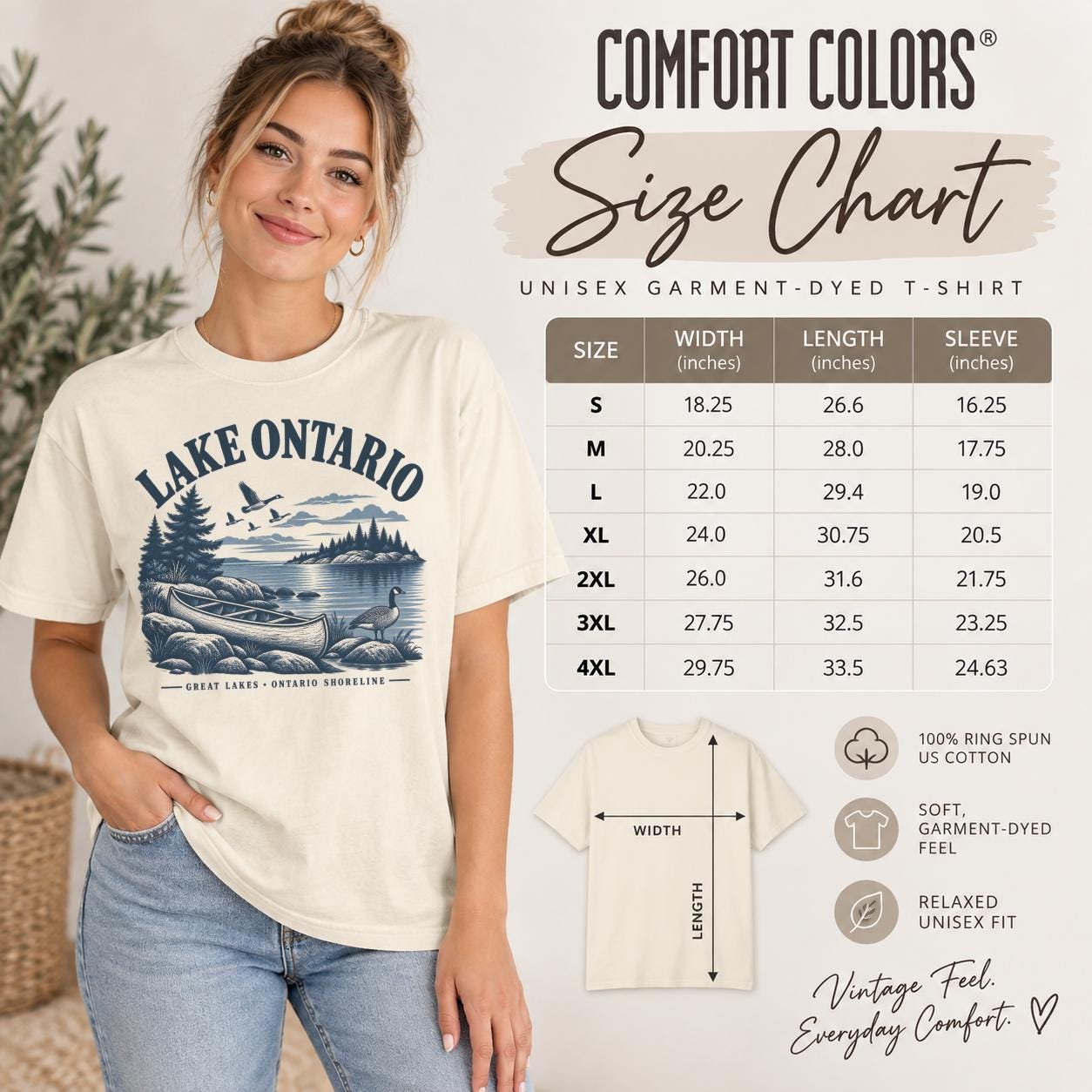 Size chart Comfort Colors T-shirt featuring a vintage Lake Ontario shoreline graphic with canoe, pine trees, rocky shore, Canada geese, water, and Great Lakes Ontario Shoreline text.