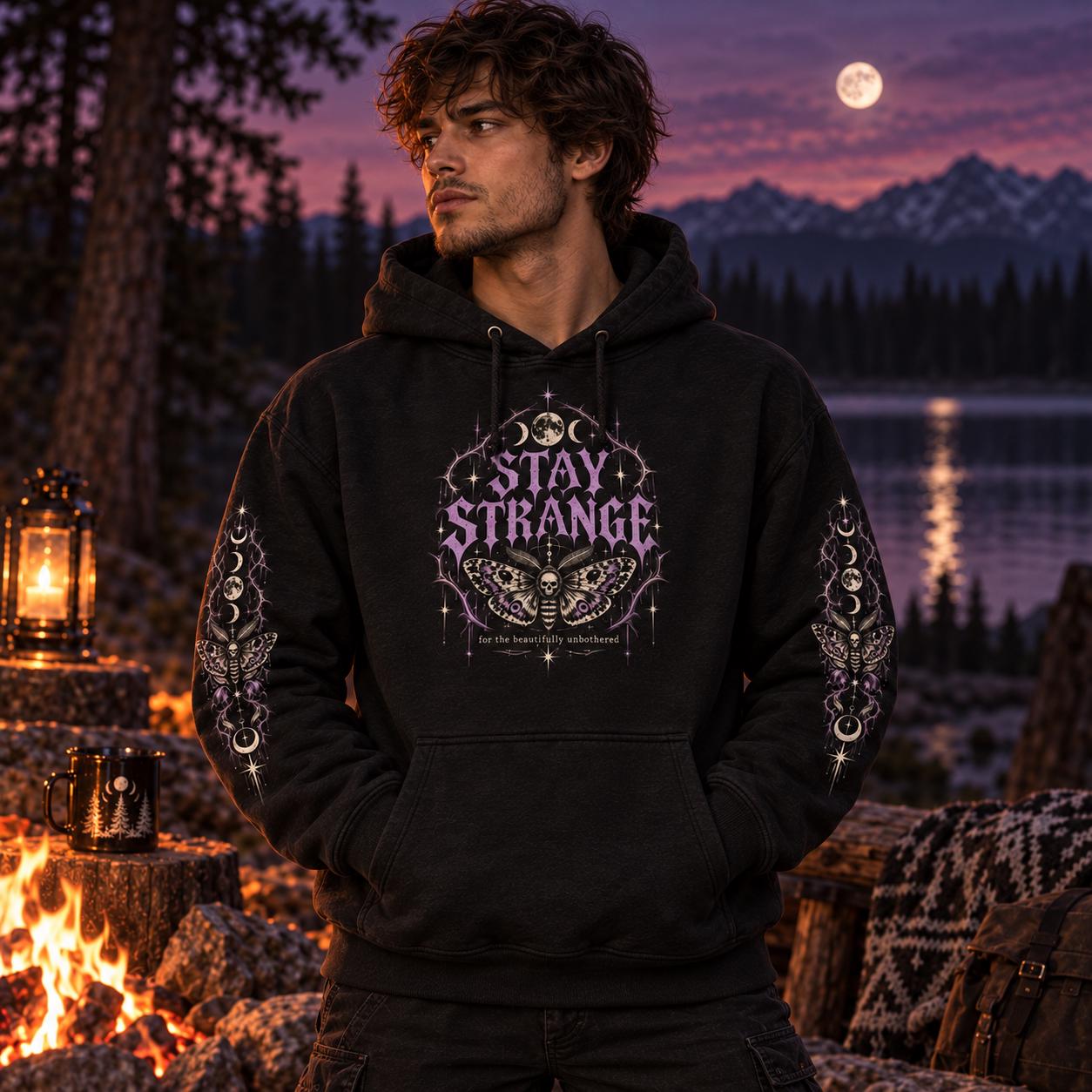 Stay Strange Hoodie, Gothic Moth Sweatshirt, Alternative Hoodie, Witchy Moon Graphic Hoodie, Black Camo Hoodie, Unisex Heavyweight Hoodie