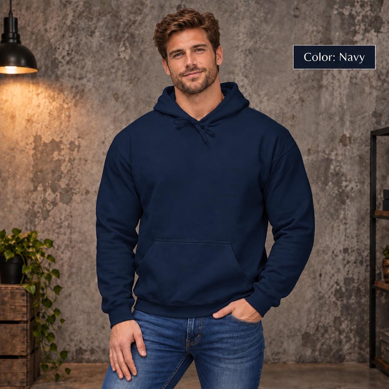 Navy unisex hoodie shown from the front with a large Lost Compass Supply graphic featuring on the back a vintage compass, moonlit forest, directional markings, and the phrase “Direction Is Overrated.”