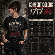 Comfort Colors 1717 size chart showing unisex shirt measurements from S to 4XL with width and length guide for the Nobody’s Bitch T-shirt listing.
