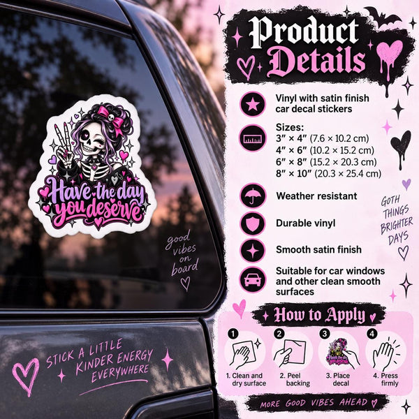 Product information mockup for satin finish vinyl car decals showing available sizes, weather-resistant vinyl features, smooth finish, and application steps.
