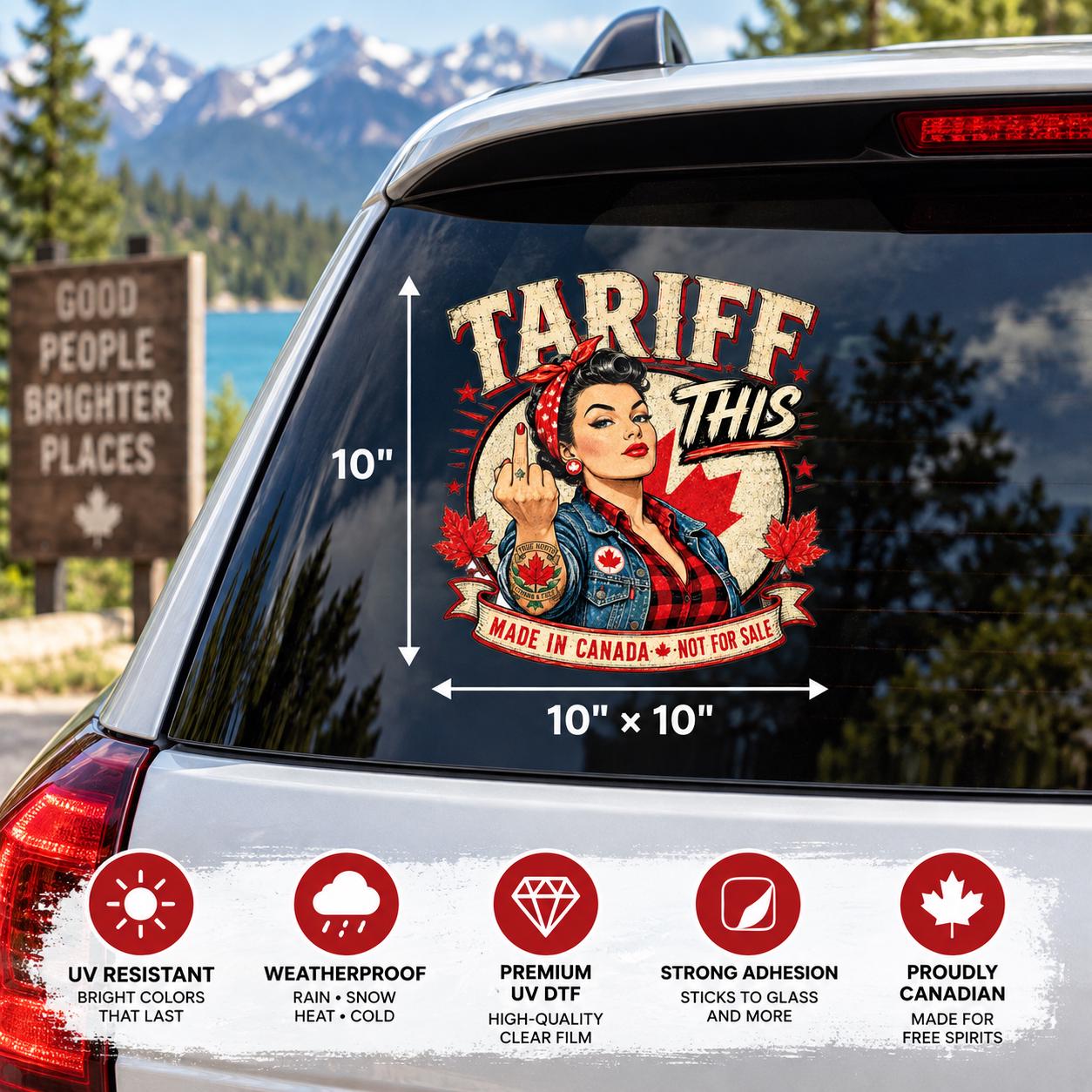 10x10 inch UV DTF decal mockup on a rear car window featuring the vintage Canadian pin-up design with product feature icons.