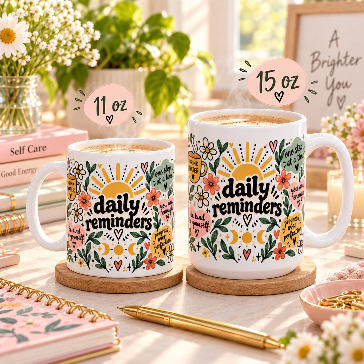 Daily Reminders ceramic mugs in 11 oz and 15 oz featuring colorful floral, sunshine, heart, and moon artwork with positive self-care phrases including drink water, be kind to yourself, you are enough, one step at a time, and progress over perfection.