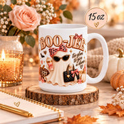 15 oz Boo-Jee mug displayed in a warm fall mockup with rustic styling, soft neutral tones, autumn accents, and size shown on the image.