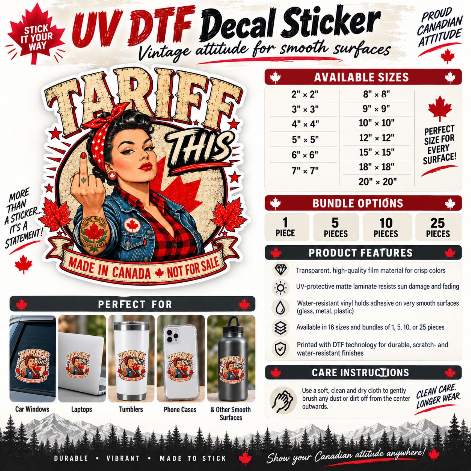 Product information image for “Tariff This” UV DTF decals showing available sizes, bundle options, product features, recommended surfaces, and care instructions.