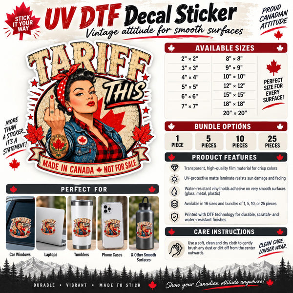 Product information image for “Tariff This” UV DTF decals showing available sizes, bundle options, product features, recommended surfaces, and care instructions.