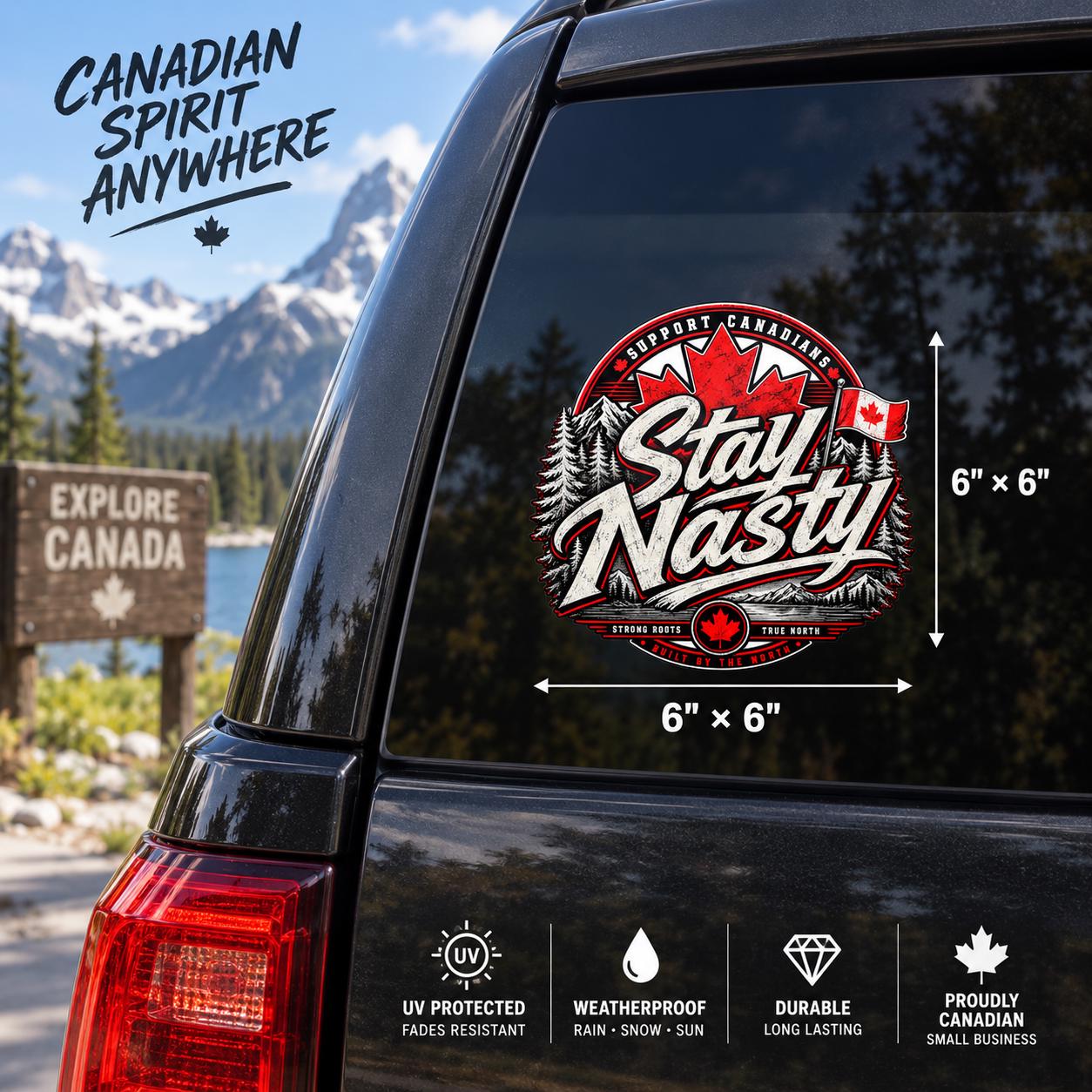 6x6 inch UV DTF laptop decal mockup featuring the “Stay Nasty” Canadian design with transparent film appearance and size guide.