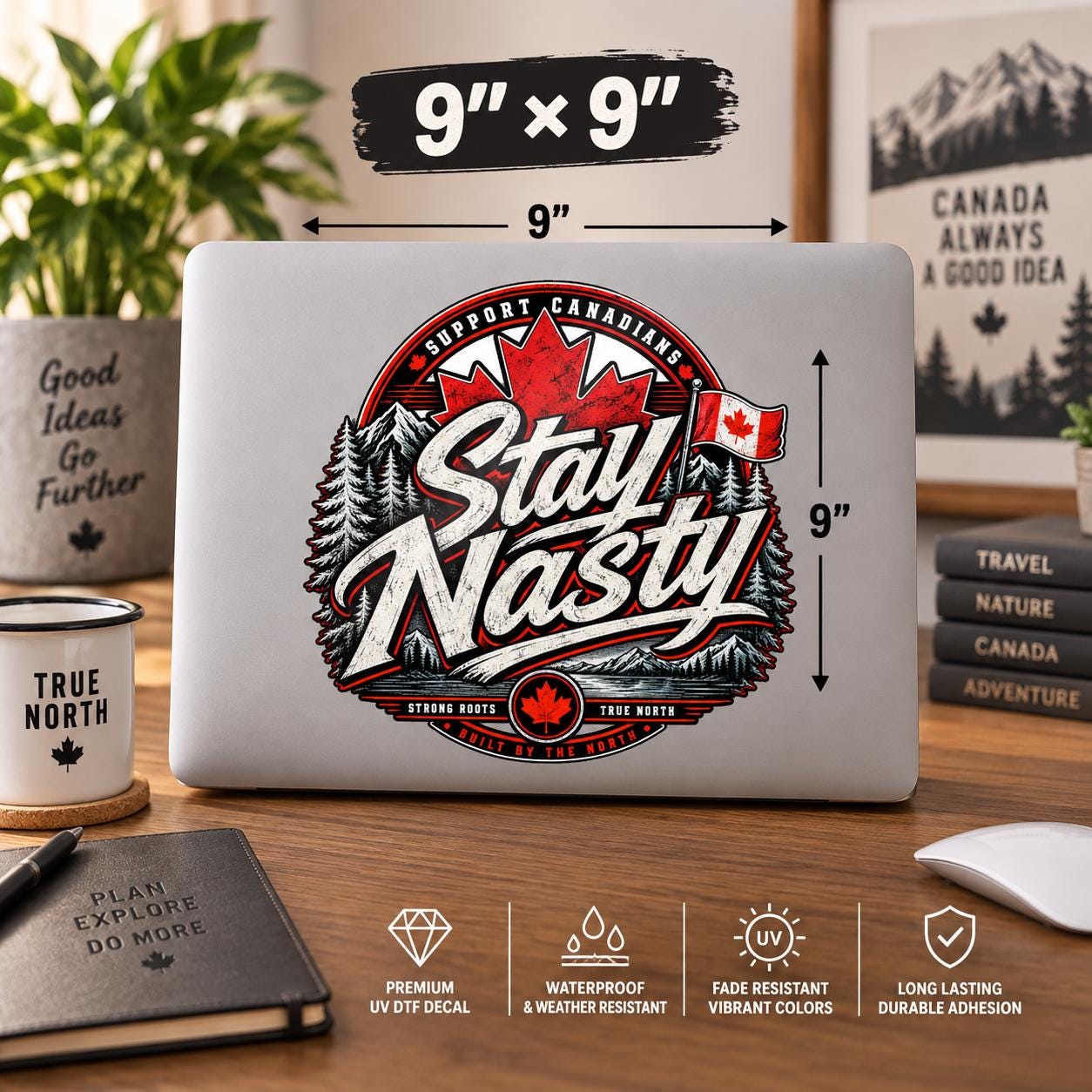 9x9 inch Canadian car window sticker mockup showing the “Stay Nasty” UV DTF decal on a dark SUV window with mountain scenery.