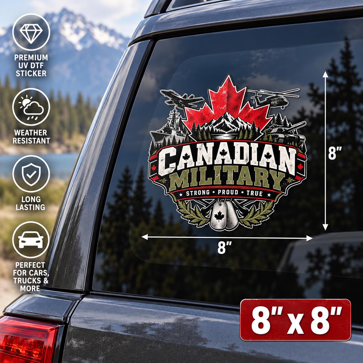 8x8 inch Canadian Military car window decal mockup showing the red maple leaf and military design on a dark SUV window with mountain scenery.